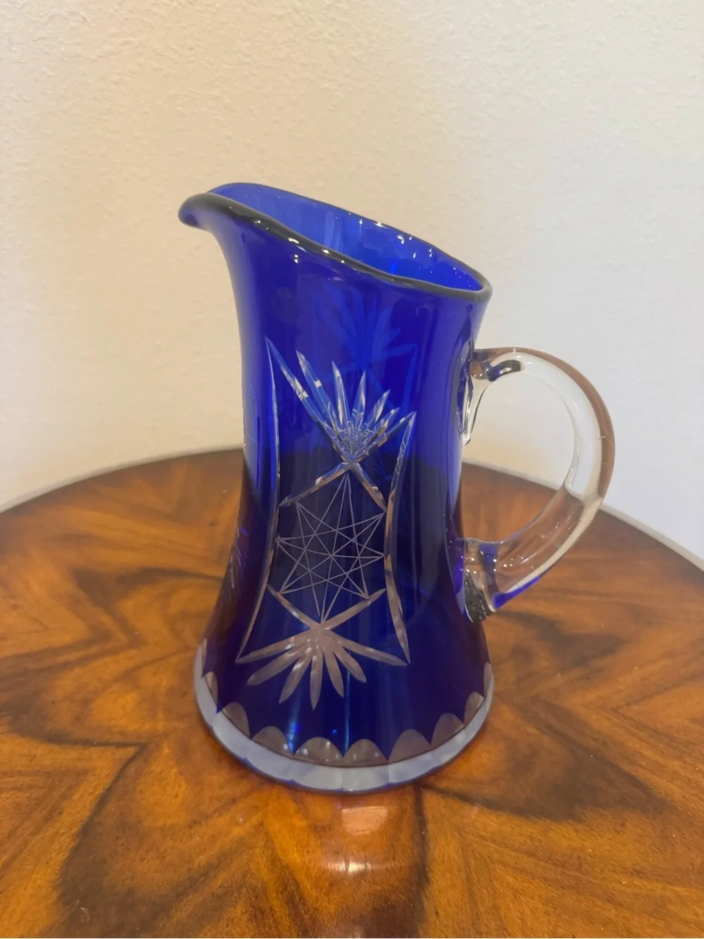 Mid-Century Cobalt Cut To Clear Glass Pitcher 9”